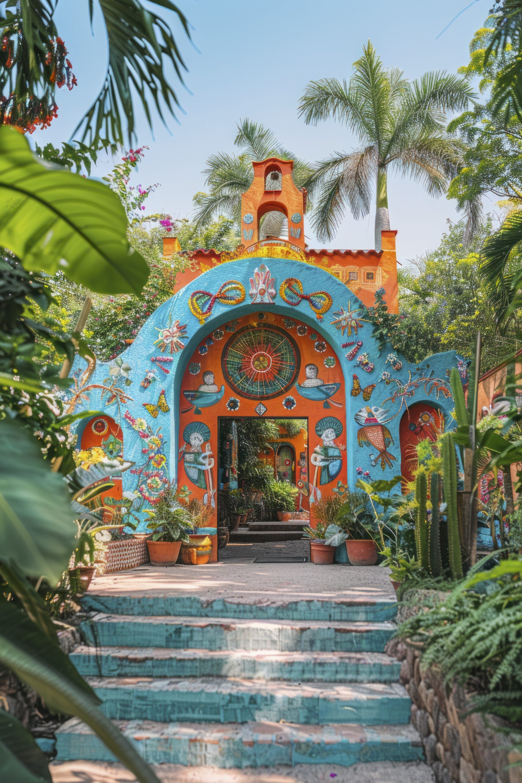 Close-up of a Mexican house facade with colorful murals and decorative elements, set against a bright, clear sky. Fine art photography techniques, photo-realistic landscapes, high-end DSLR, shot on 35mm film --chaos 12 --ar 2:3 --style raw --stylize 150 --v 6 Job ID: 924f14d8-e360-4662-bf1d-46db43048212